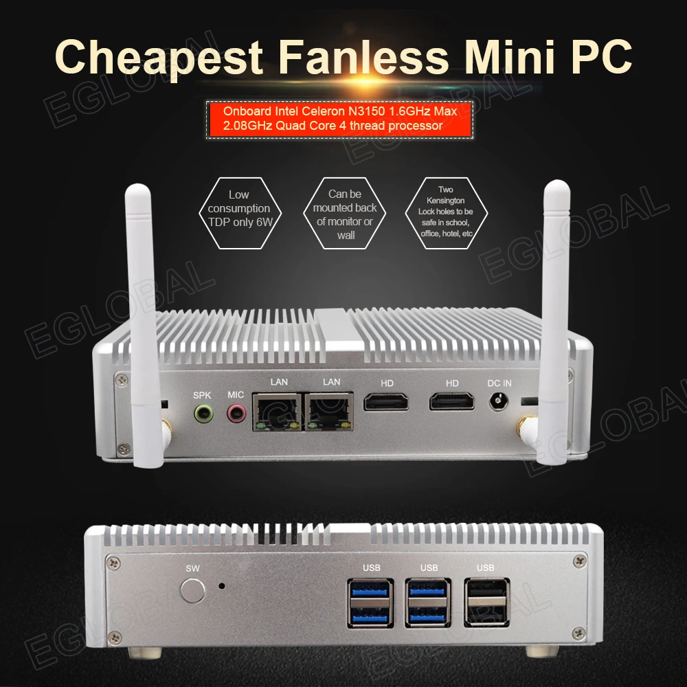 

Cheapest Celeron N3150 Desktop Mini PC 2* Lan 2*HD Prtatil PC WIFI 6*USB 2*Kensington Lock Wake-On-Lan