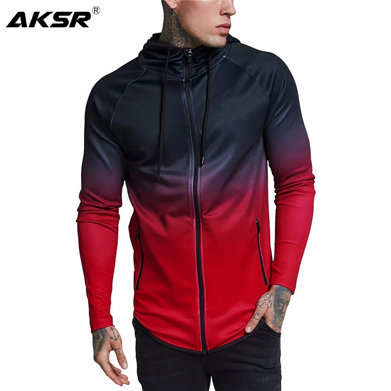 

AKSR Men's Fashion Fitness Sport Elastic Hooded Coat Long Sleeve Casual Printed Gradual Change Hoodies Male Slim Tops
