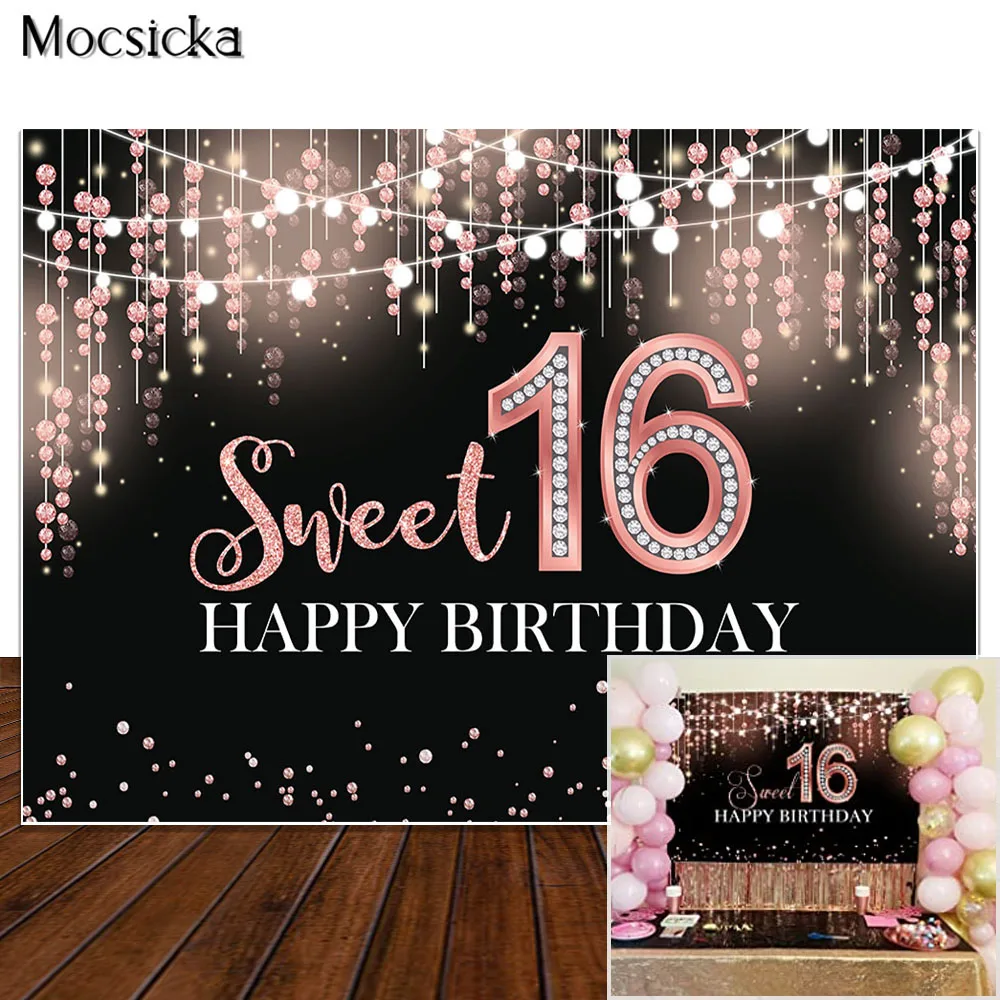 

Sweet 16 Birthday Party Backdrop Rose Gold Shiny Glitter Dots Photography Girls Princess Sweet Sixteen Background Decor Banner