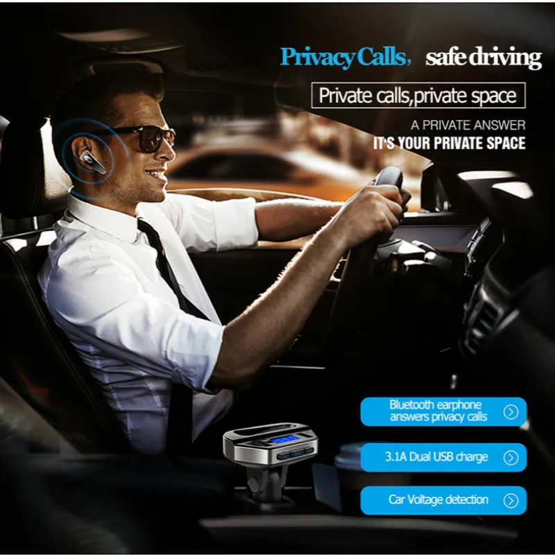 

Bluetooth Car Kit with Earphone FM Bluetooth Transmitter Handsfree Bluetooth Car Kit Charger Adapter 2 USB Port