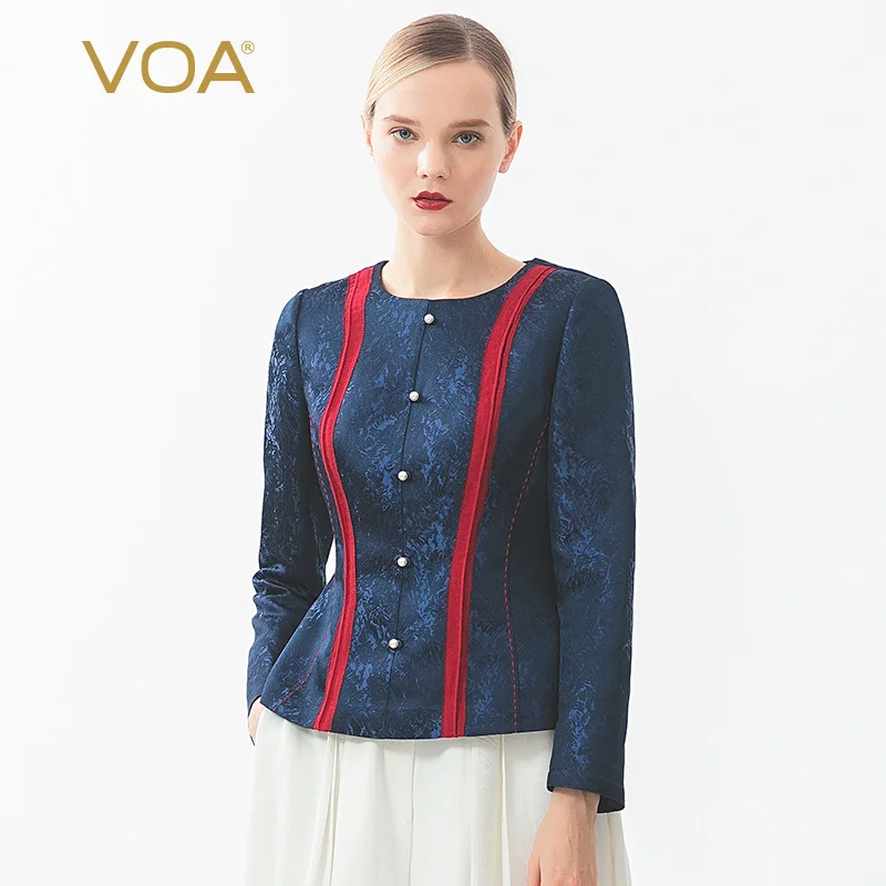 

VOA 40mm silk weight colored woven jacquard round collar nail beaded fake button wine red arch stitch long sleeve top B9259