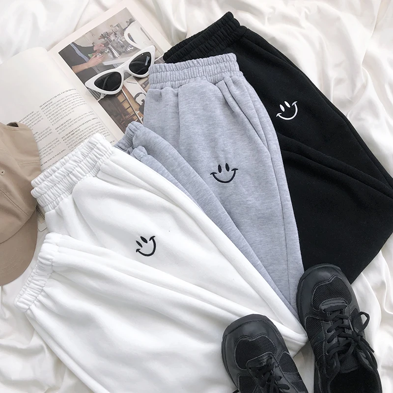 Sweat-Pants Tight Embroidery Smiley-Face Plush High-Waist Winter Women Loose Thickened