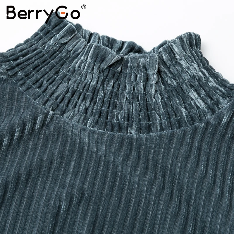 BerryGo, винтажная водолазка, полосатая бархатная блузка, женская мода, рукав-фонарик, Женский Топ, рубашки, Осень-зима, свободная женская рубашка