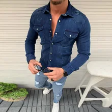 CYSINCOS, джинсовая рубашка, мужская, повседневная, приталенная, на пуговицах, рубашки с карманом, мужская, Camisa, длинный рукав, отложной воротник, топы, camisa masculina