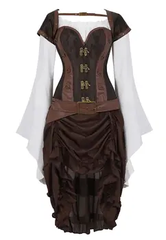 

Grebrafan Buckle Corset Bustier Waistcoat with Pirate Skirt and Blouse 3 Piece Costume Steampunk Carnival Holiday Party Club