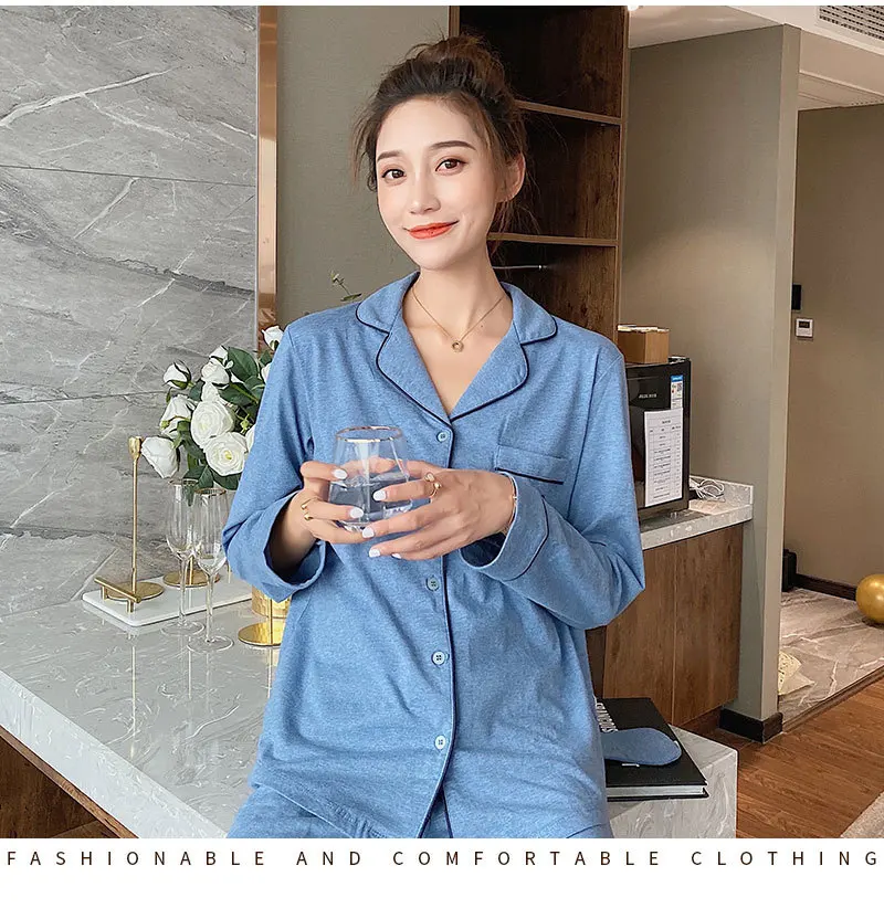 Color Cotton Long Sleeve Womens Pajama Suit Women Clothes Autumn Solid Full Length Pajamas Loungewear Two Piece Sleepwear