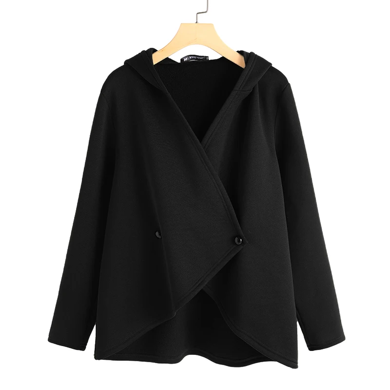 Женские куртки ZANZEA, повседневная двубортная верхняя одежда с капюшоном, модное осеннее пальто, женские Асимметричные толстовки, пальто - Цвет: Черный