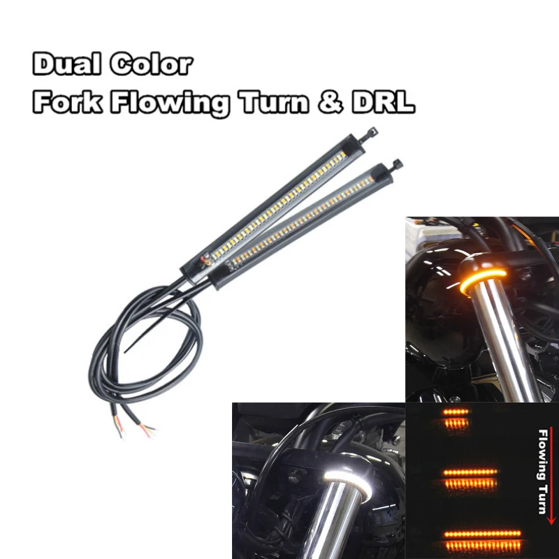

1Pair Dual Color Universal Motorcycle Fork Turn Flowing Sequential Signals + DRL Amber White LED Strips Waterproof