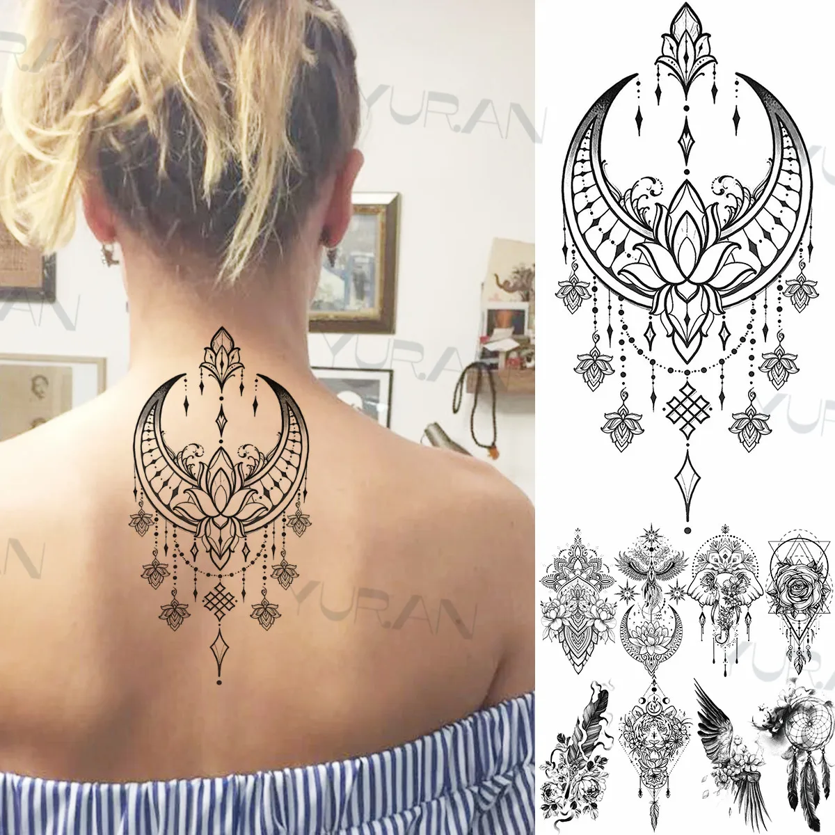 Henna Moon Lotus Moon Temporary Tattoos For Women Adults Fake Lace Flower  Wings Tattoo Sticker Dreamcatcher Back Tatoos - Temporary Tattoos -  AliExpress
