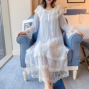 

Princess Nightdress Female Palace Sleepdress Pink Solid Sexy Lace Women Nightgowns Style Sleep Wear Soft Modal Homewear