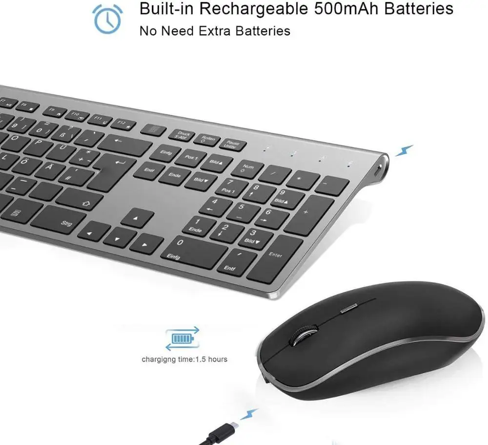 Recarregável sem Fio Mouse e Teclado França Alemanha Inglês Espanhol Layout Ergonômico Silencioso Mouse 2.4g Eua - - Imagem 2