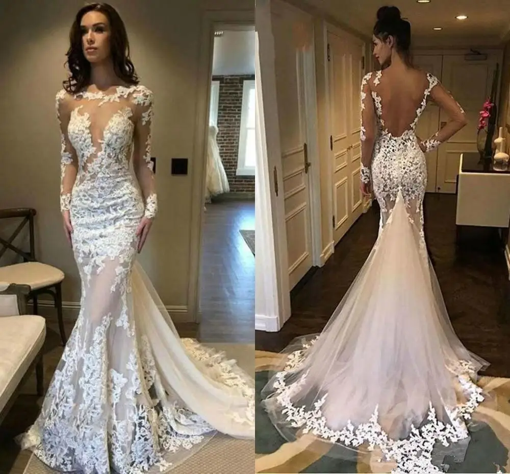 

Modest Backless Mermaid Wedding Dresses Lace Applique 2020 Newest Sweep Train Sheer Neck Illusion Wedding Gowns vestido de novia