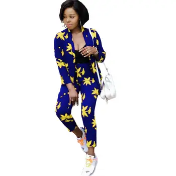 

Adogirl turn down collar floral print women sets maple leave lady autumn suits long sleeve office lady suits