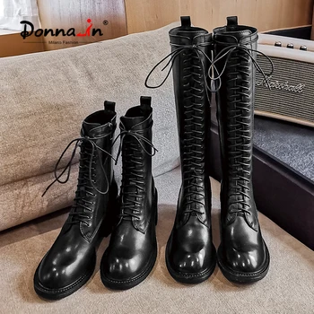 

Donna-in Fashion Lace Up Women Motorcycle Boots 18.5/35cm Genuine Leather Classic Black Martin Boots With Heels For 2020 Autumn