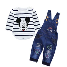 Весенний комплект одежды для новорожденных мальчиков, футболка с Микки Маусом+ джинсовый костюм повседневный костюм для маленьких девочек комплекты одежды осенняя одежда для малышей