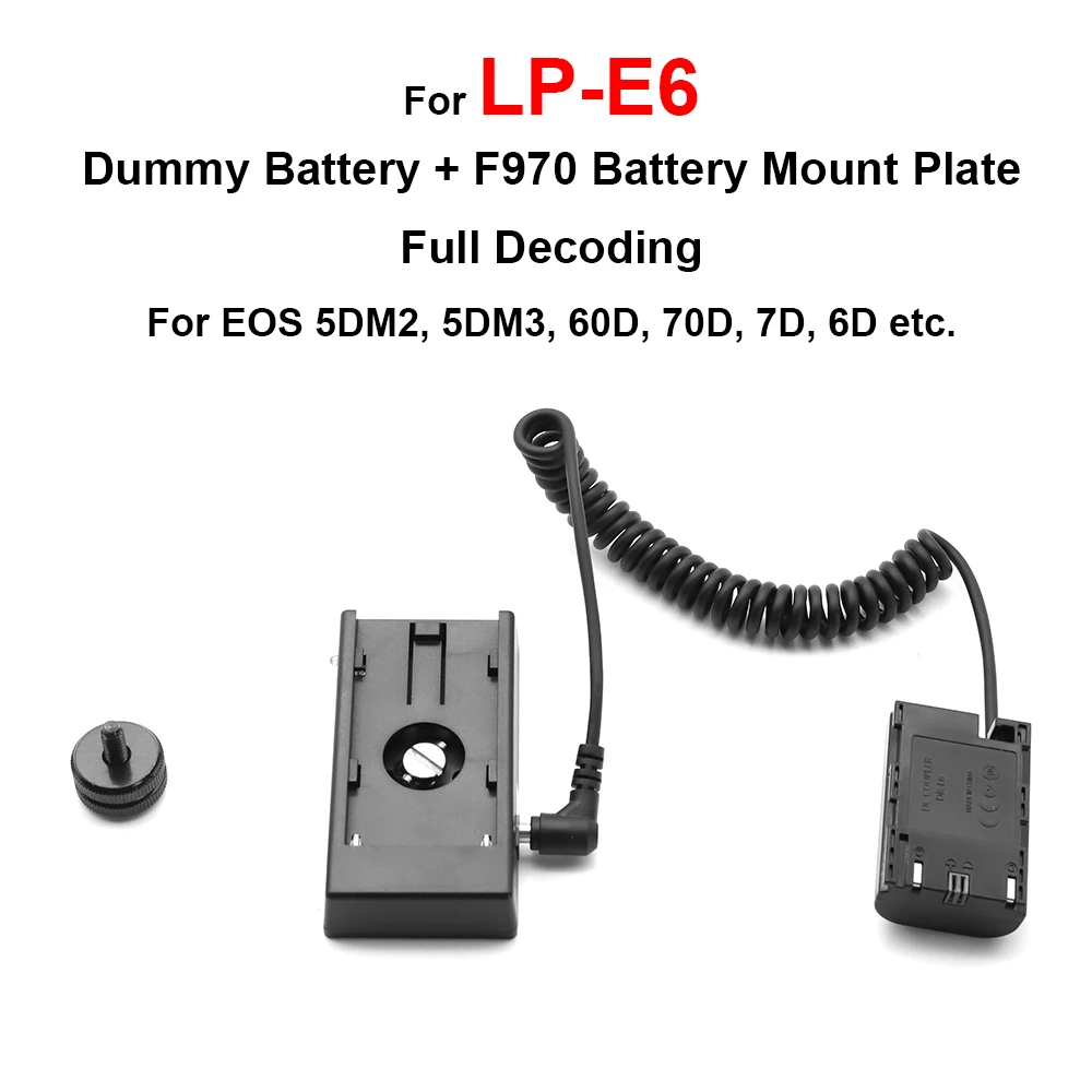 

LP-E6 Full Decoding Dummy Battery DC Coupler + F970 Battery Mount Plate Spring Cable for Canon 5DM2, 5DM3, 60D, 70D, 6D, 7D etc.