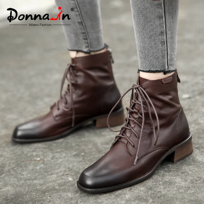 Donna-in/женские зимние ботинки в стиле ретро; полусапожки из натуральной кожи на среднем каблуке; Качественная элегантная женская обувь ручной работы на молнии; коллекция года