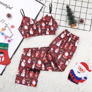 

HECHAN Red Pattern Christmas Clothes Women Two Piece Sets Satin V Neck Spaghetti Strap Print Pants Home Wear Female Nightwear