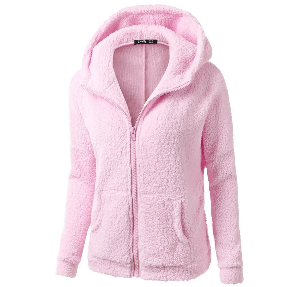 Осенне-зимний свитер с капюшоном, пальто, женский длинный Однотонный свитер с капюшоном, женская теплая шерстяная куртка на молнии, хлопковое Женское пальто, уличная одежда, mujer - Цвет: Розовый