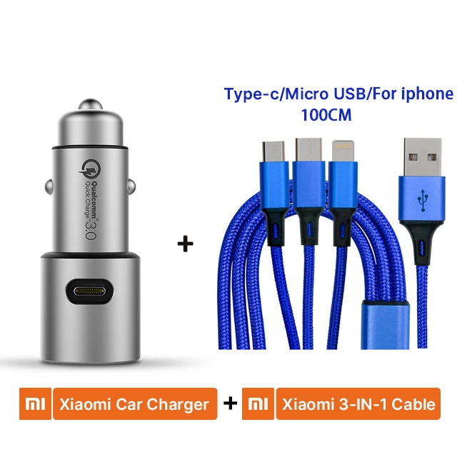 Оригинальное автомобильное зарядное устройство Xiaomi QC 3,0 36W Max Dual USB Quick Charge 5 V/3A 9 V/2A 12 V/1.5A безопасное металлическое зарядное устройство для Xiaomi Android iOS - Тип штекера: Silver Blue cable
