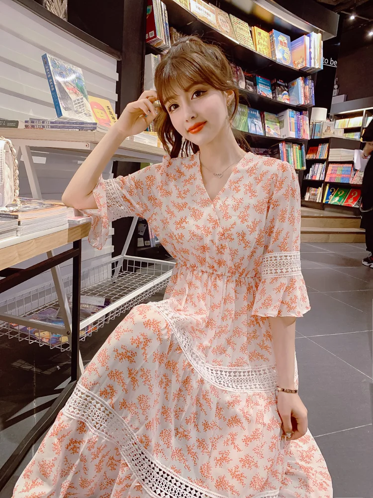 

Floral-Print Chiffon Dress Long Skirts High-waisted Slimming Half Sleeve 2019 Spring And Summer Very Fairy Sweet Elegant Schemin
