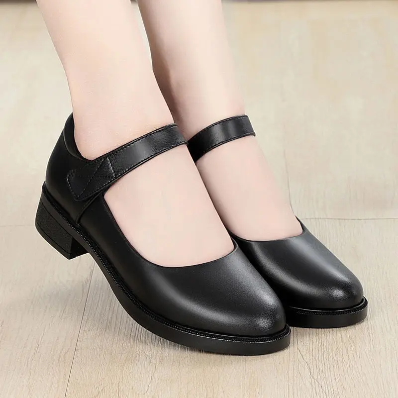 

[Full-grain Leather] Mom Shoes Women's Flat in Chunky-Heel round Shallow Mouth Shoes Soft Bottom Anti-slip Work Large Size