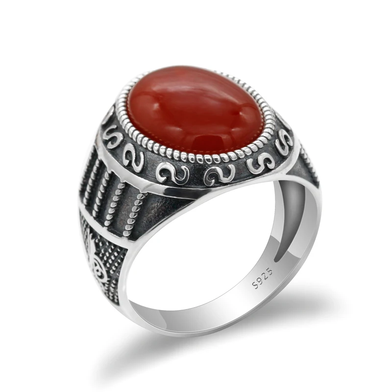 925 пробы Серебряное мужское кольцо с натуральным камнем, большое кольцо с красным ониксом, винтажный резной дизайн для мужчин и женщин, турецкое ювелирное изделие ручной работы - Цвет основного камня: Red Stone