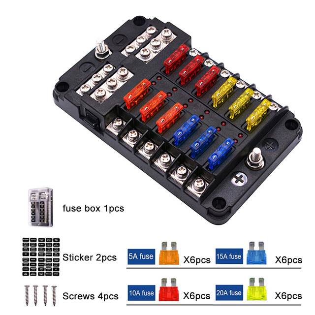 36V Fuses for Cars Cover Fuse Box Holder M5 Stud With LED Indicator Light 6 Ways 12 Ways Blade for Auto Car Boat Truck Trike