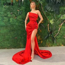 

LORIE Dubai Evening Dress Simple Pleat High Side Split Black Red Mermaid Sexy Arabic Long Prom Gown Satin Celebrity Party Dress