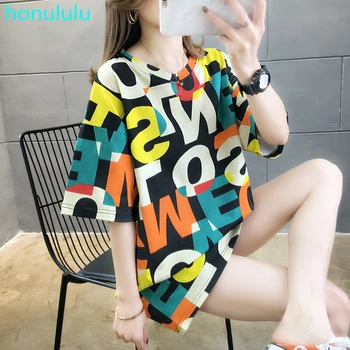 

Summer 2020 fat mm new tide ins super fire letter printing medium long loose round neck short sleeve T-shirt women
