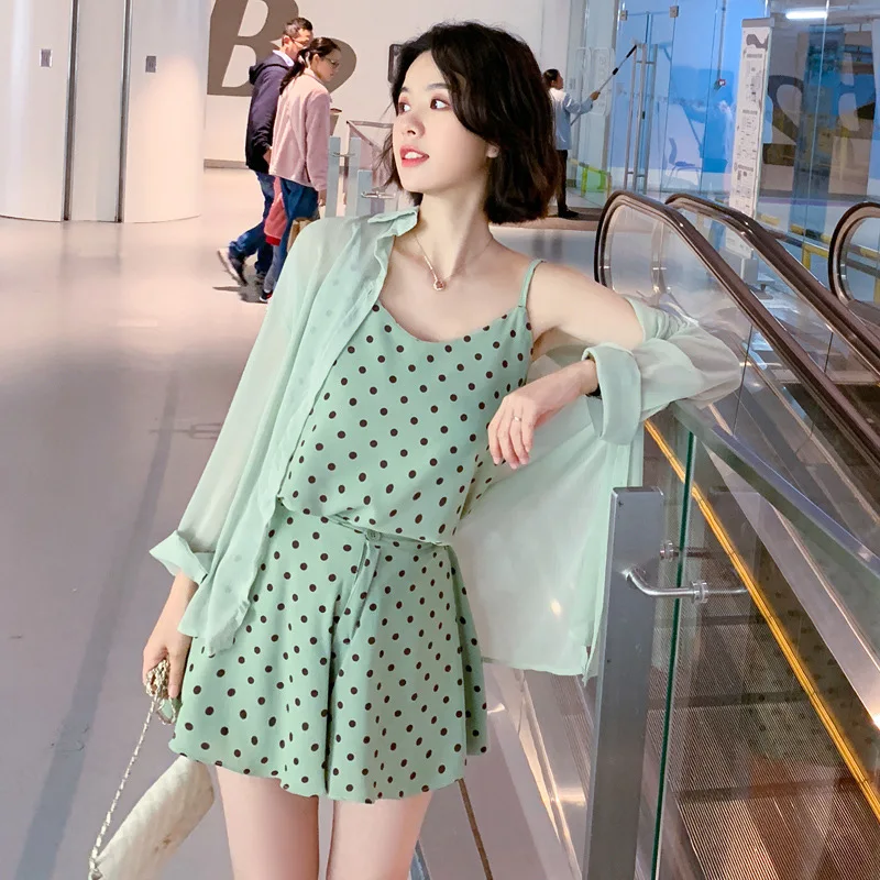 

Short-height 2019 Summer New Style Shorts WOMEN'S Suit Chiffon Coat Western Style Polka Dot diao dai wang Red Three-piece Set