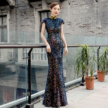 

tailor store make sequin dress long banquet evening dress aura queen noble modified fishtail cheongsam host catwalk sequin qipao