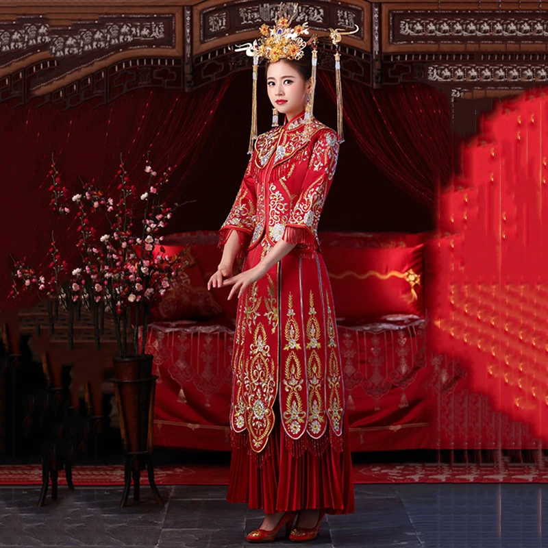 Плиссированное винтажное платье для юной леди со стразами Qipao китайские вечерние платья феникс вышивка полная длина Cheongsam