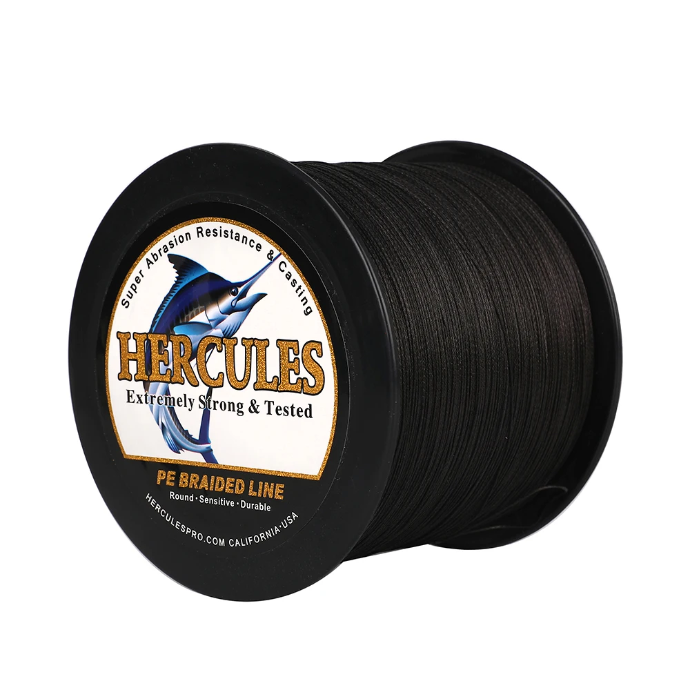 Hercules 9 Strands PE สายตกปลา Braid สีดําเรียบ 300M 500M 1000M 1500M 2000M ปลาคาร์พ Braid10-300LB ความต้านทานการขัดถูที่แข็งแกร่ง 1