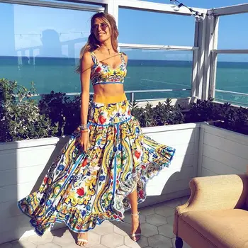 

Women Boho Beach Dress Two Piece Set Summer Dress 2020 Vintage Floral Printed Pad Crop Top Sexy Long Maxi Dresses Plus Size