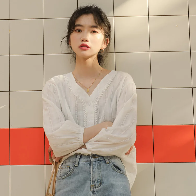 Женская винтажная рубашка с V-образным вырезом | одежда