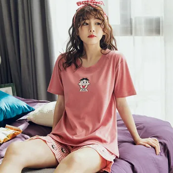 

New Cute Summer thin pajamas women's cotton short sleeve shorts fresh student Pullover plus size loose two piece set