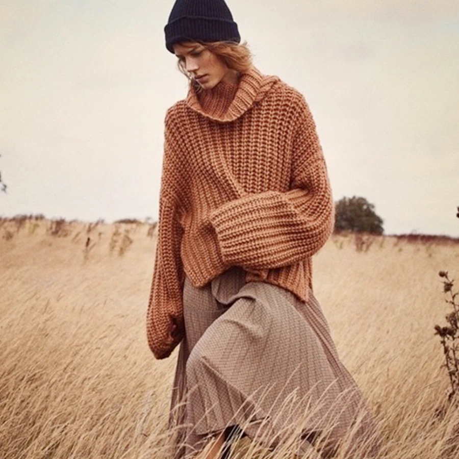 

KIYUMI Sweater Women Loose Pullover for Woman 2019 Winter Casual Turtleneck Long Sleeve Brown Sweater Thick Bohemia Free Sweater