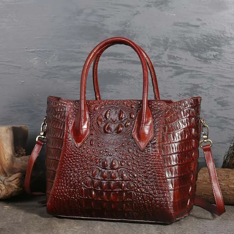 

Female Handbag Crocodile Genuine Leather Shoulder Bag Luxury Alligator Pattern Bag Simple Leather Mid Size Handbag Shopping Tote
