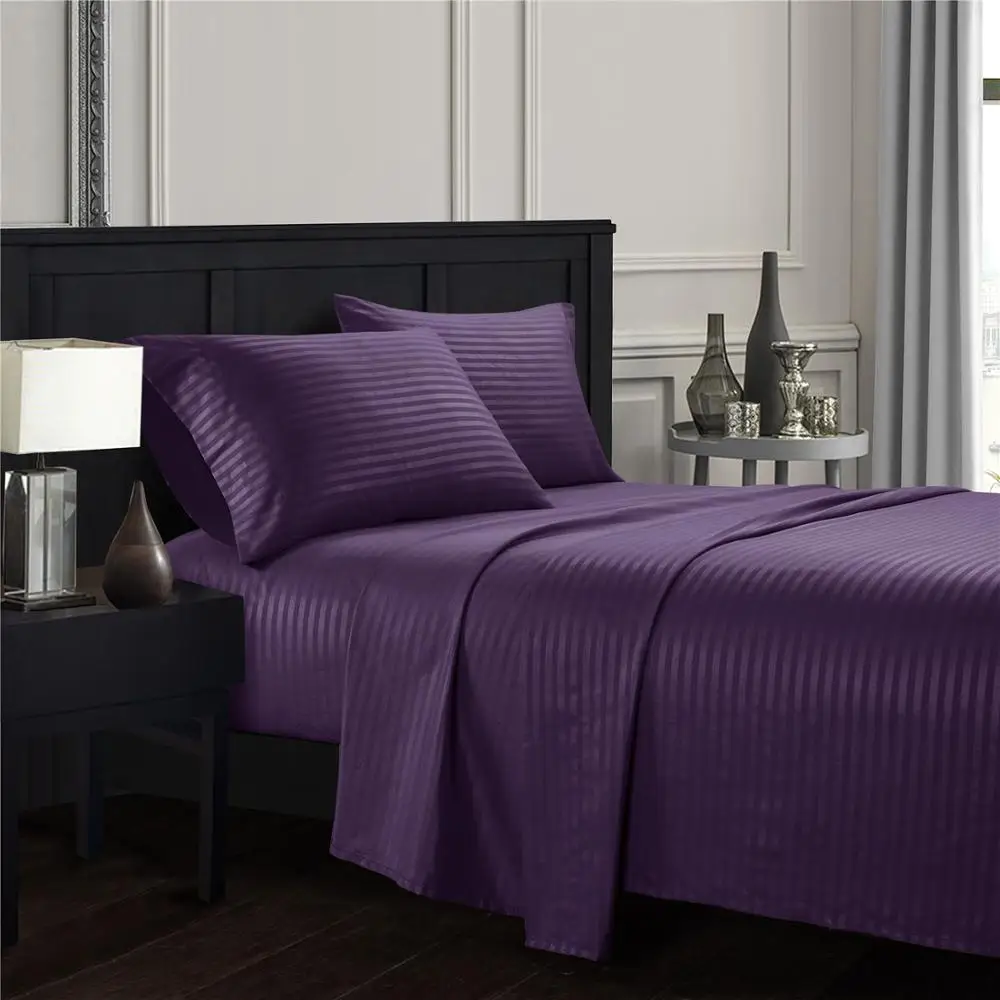 

Purple Plain satin striped Bedding Sheet Set Bed Linens Flat Sheet+Fitted Sheet+Pillowcase Twin/Full/Queen/ King Comfortable