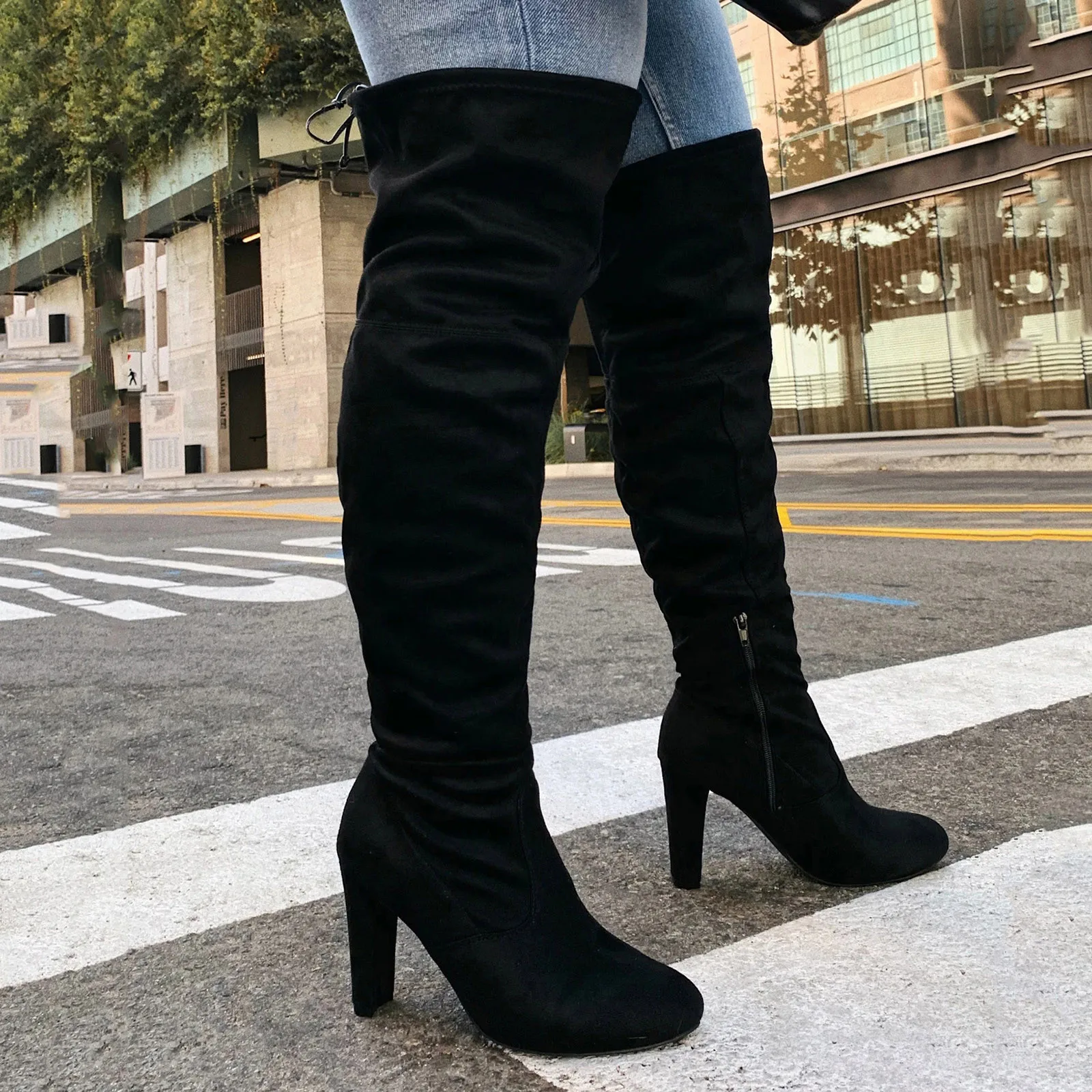 Botas de tacón cuadrado para Mujer, Botines altos hasta el muslo, cómodos, de alta calidad, a la moda, color negro, #40 AliExpress Calzado