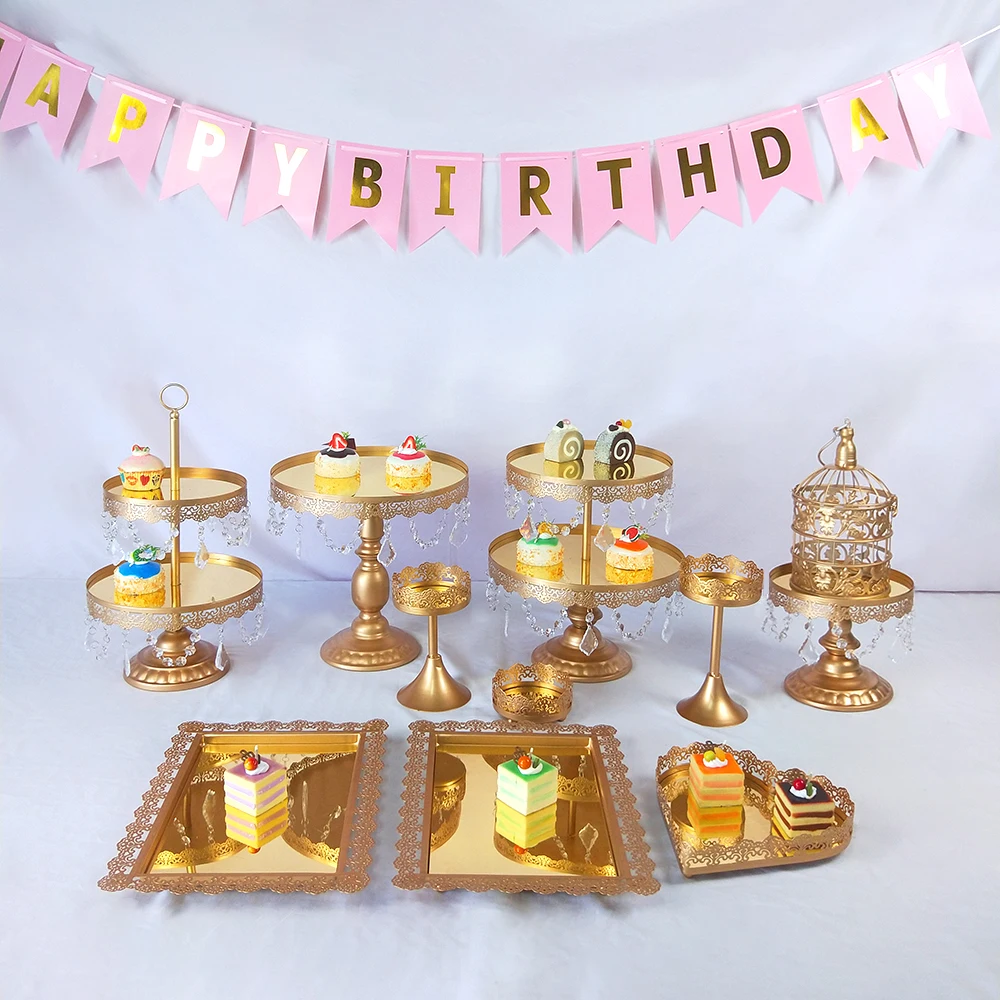 

Tobs Wedding Cake Stand Set Cupcake Tower Stand Mirror Crystals Decor Supplies Party Dessert Display Decor Tray Metal Round