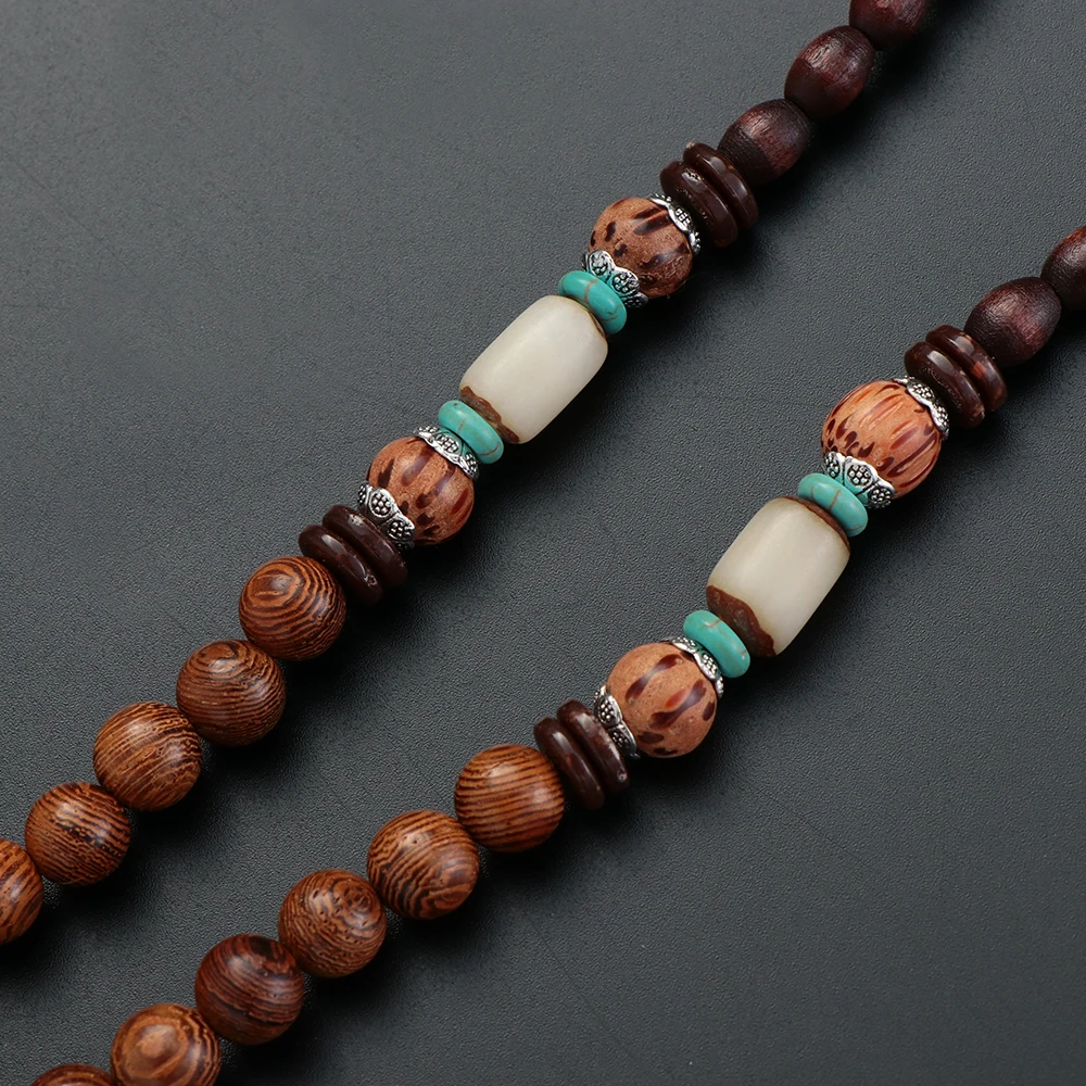Unisex Handmade Long Necklace Nepal Buddhist Mala Wood Beads Pendant Peace Necklace Hippie Style Ethnic Men Women Lucky Jewelry 5