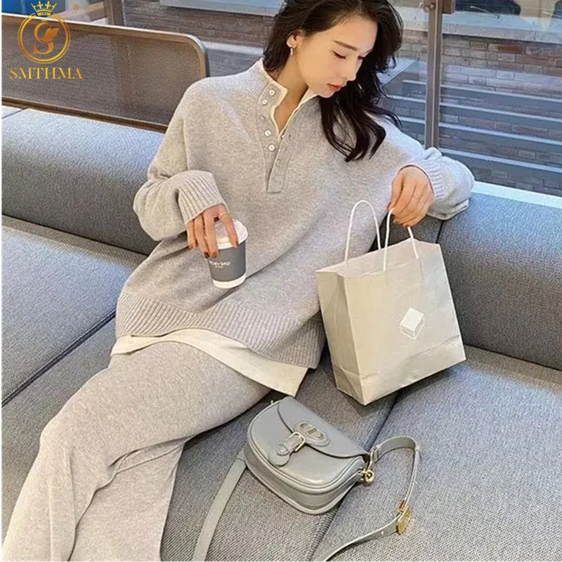 women's short suit set SMTHMA New Fashion Winter Women's Thicken Warm Knitted Pullover Sweater Two-Piece Suits +High Waist Loose Wide Leg Pants Set white pant set