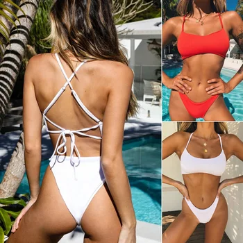 

New Style Pure Color Bikini Cross Back Swimsuit Women's Lace-up Swimsuit Sexy Bikini