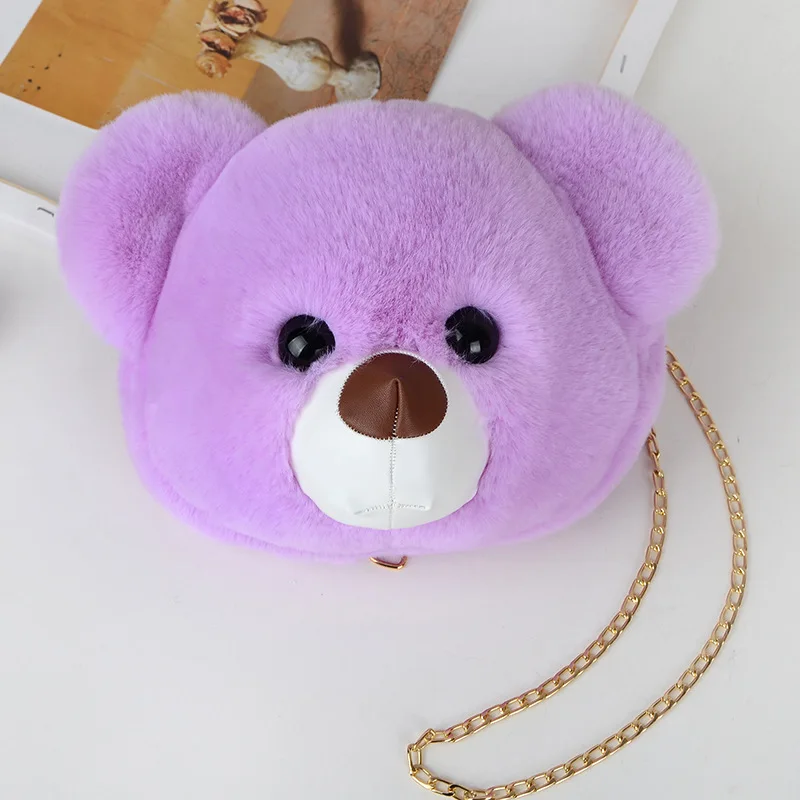 Cute Plush Bear Backpack Keychain For Women Fluffy Rabbit Fur Handbag Casual Chains Messenger Bag Girls Party Gift
