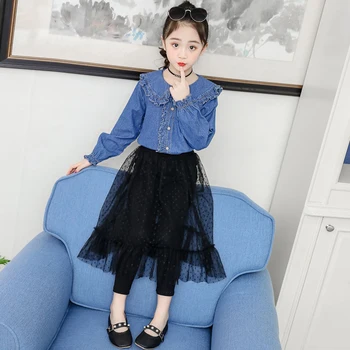 

Baby Girls Clothing Set 2 Pcs Ruffle Collar Denim Shirt +gauze Skirt W/leggings Teenagers Cowboy Outfits Kids Clothes Tracksuits