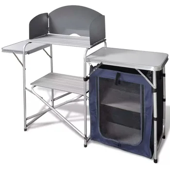 

VidaXL Portable Foldable Camping Kitchen Unit With Windshield Aluminium 2-Shelf Cupboard Heat-Resistant Scratch-Resistant