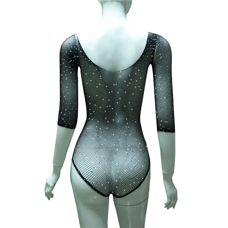 Sexy Fishnet Rhinestone Bodysuit Women Bodycon Long Sleeve Leotard Tops Hollow Out See Through Off Shoulder