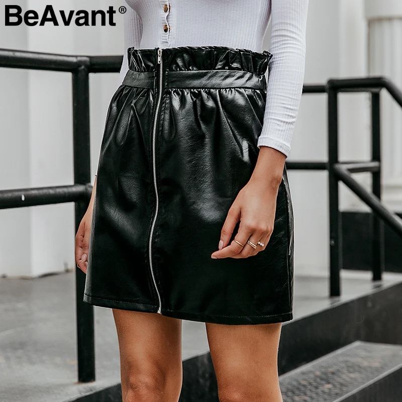 BeAvant гофрированная Женская юбка из искусственной кожи пикантные черные женские короткие мини-юбки с высокой талией на молнии вечерние женские юбки